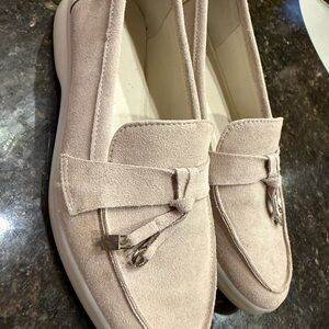Beige Suede Loafers with Bow Accent